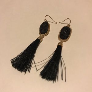 Black and gold Druzy Tassel Hook Earrings